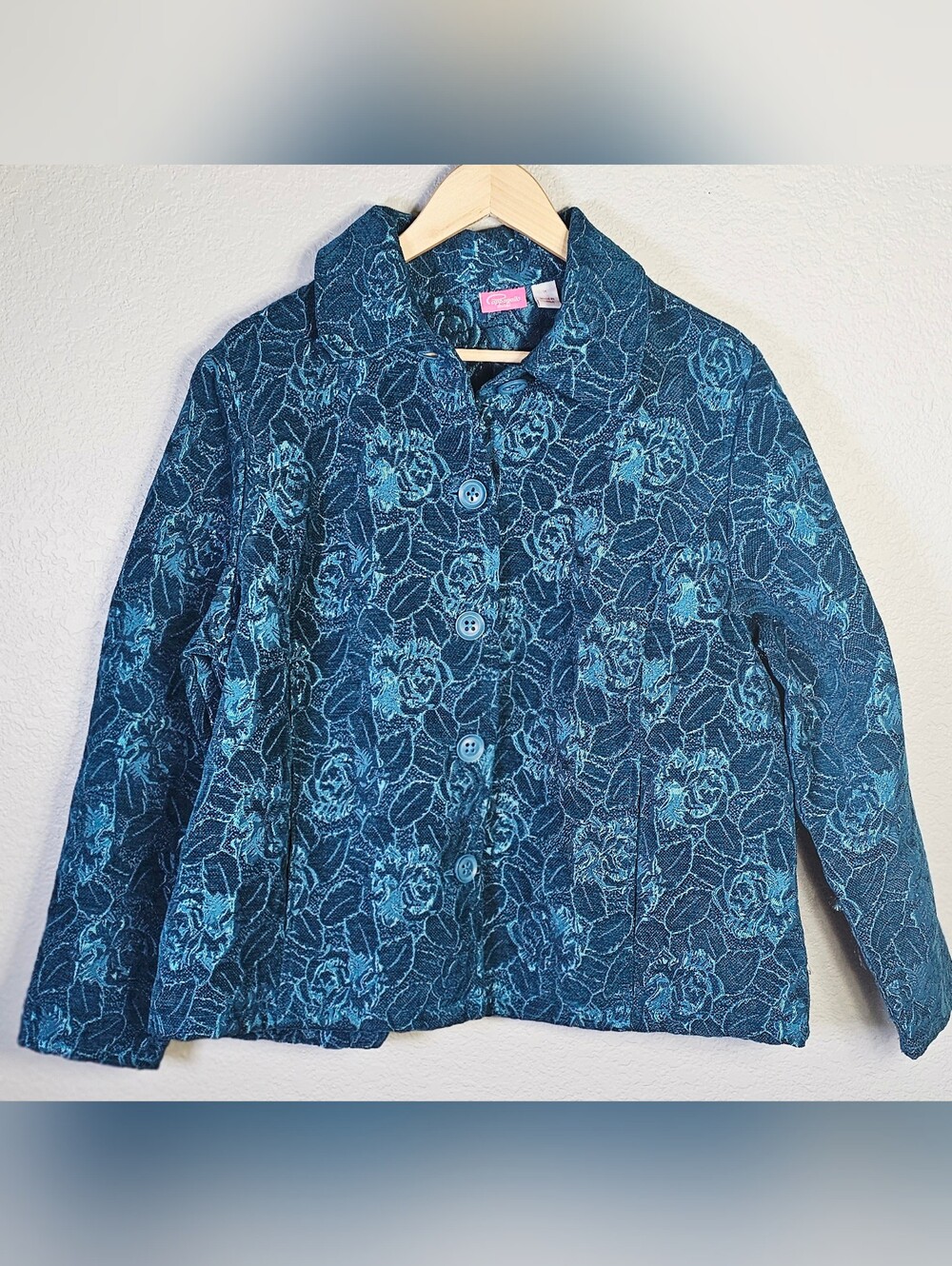 Cappagallo Woman 1X Teal Turquoise Floral Jacquard Button Front Jacket